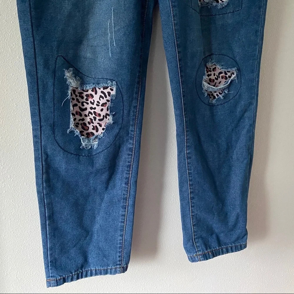 Distressed Leopard Patchwork Jeans High Waist Funky Pink Purple Stitching Medium - Picture 7 of 14